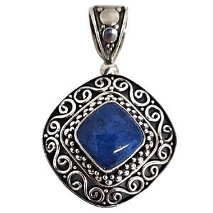 Sterling Silver Signed 925 BA Indonesia Lapis Lazuli w/Blue Stone Swirl Pendant
